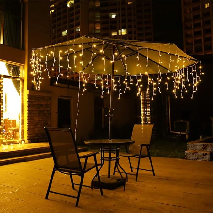 9.8FT LED Icicle Curtain Lights 96 LED Fairy String Lights with 8 Lighting Modes Warm White Decorative Lights for Christmas Wedding Party Patio Backdrop Holiday Home Decor