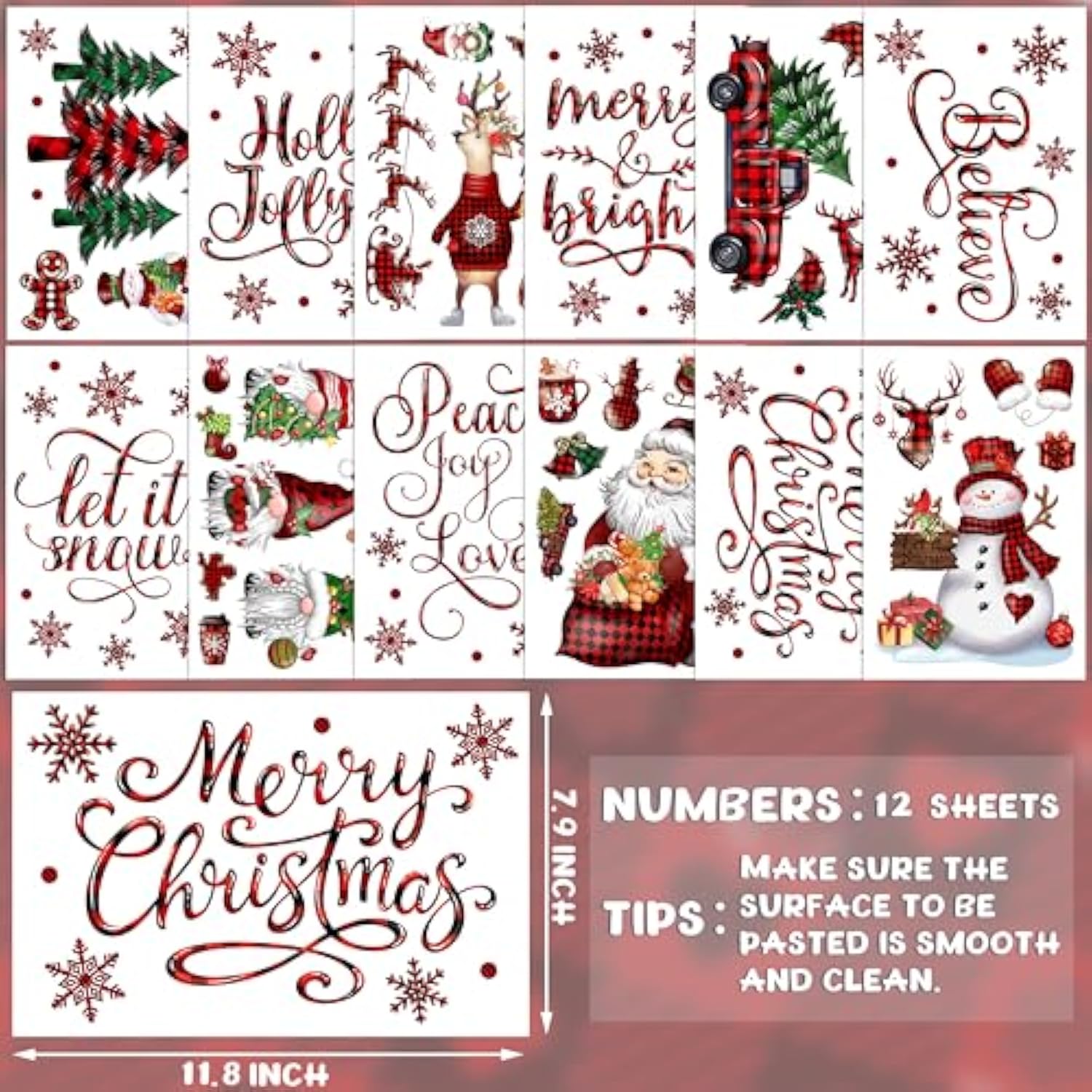 Christmas Wall Stickers Decoration 12 Sheets, Buffalo Plaid Christmas Wall Decals Holiday Letter Trees Decor, Winter Snowflake Vinyl Stickers For Living Room Bedroom Home Office