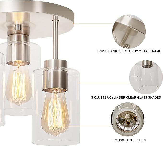 3 Light Brushed Nickel Ceiling Light Clear Glass Semi Flush Mount Modern Fixture