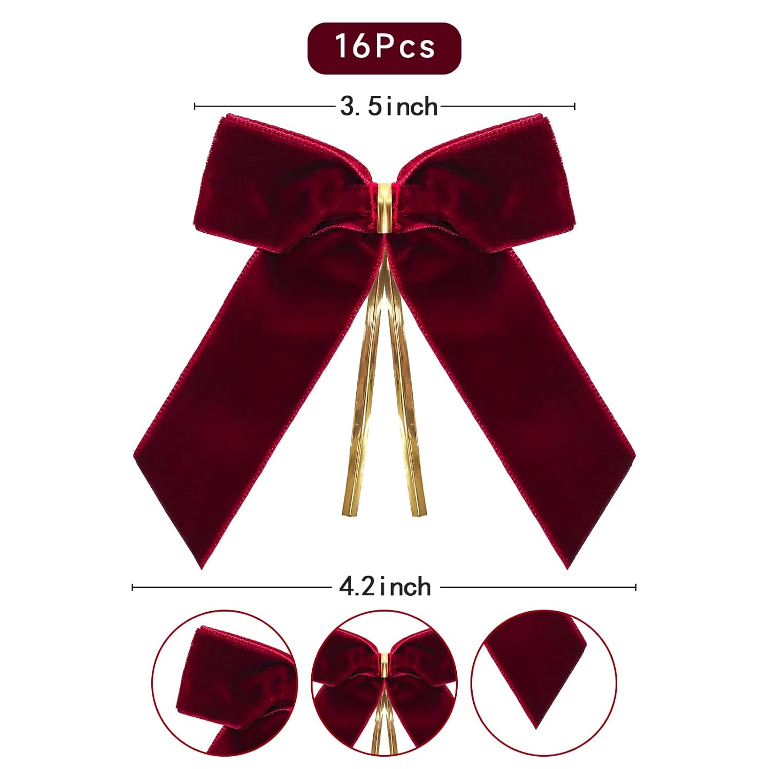 16Pack Red Velvet Christmas Bows For Christmas Tree, Small Decorative Twist Tie Ribbons For Wreath, Gift Wrapping, 3.5X3.5 Inch (Wine Red)