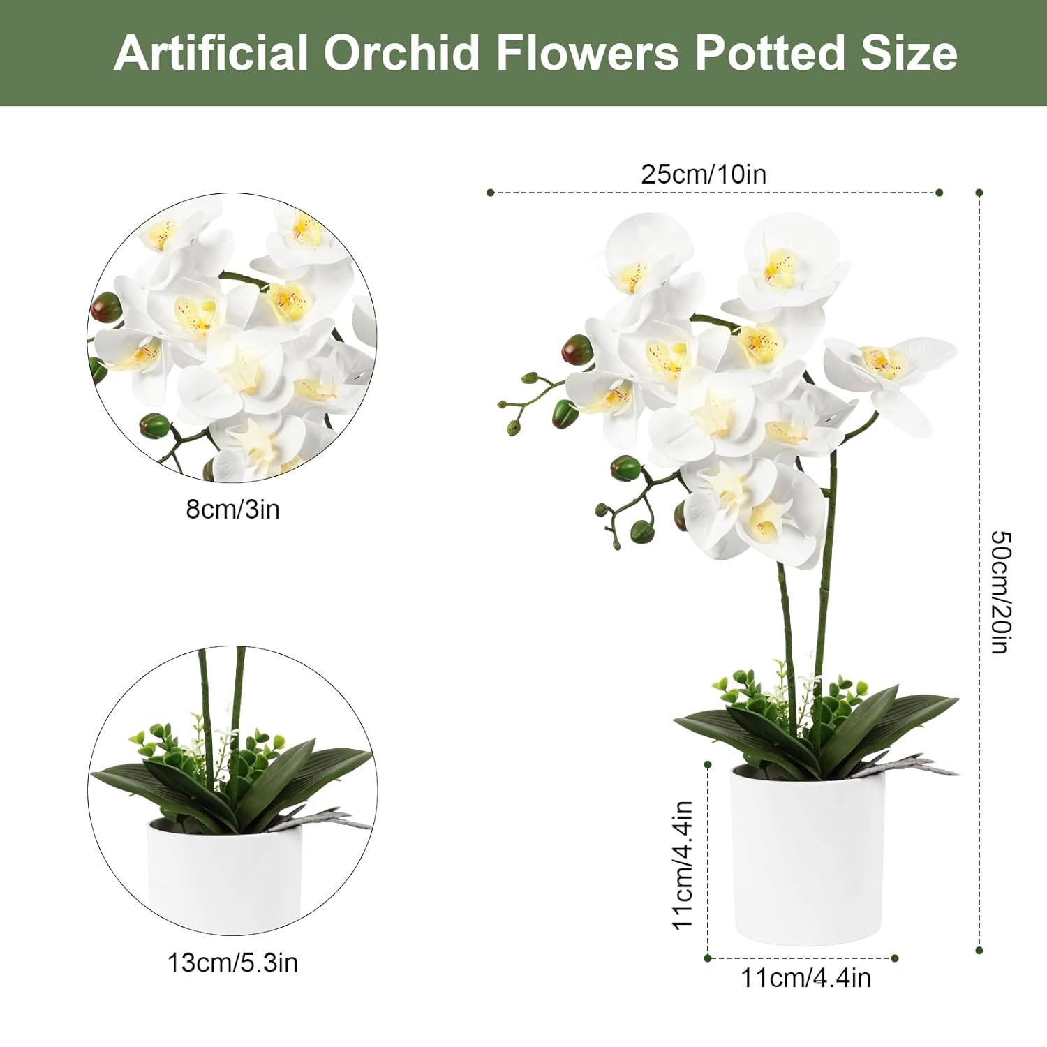 Artificial Orchid Flower Potted, 16.9" White Orchid In Pot Faux Plant With 2 Stems Artificial Phalaenopsis In Plastic Pot For Home Table Centerpiece Wedding Decoration