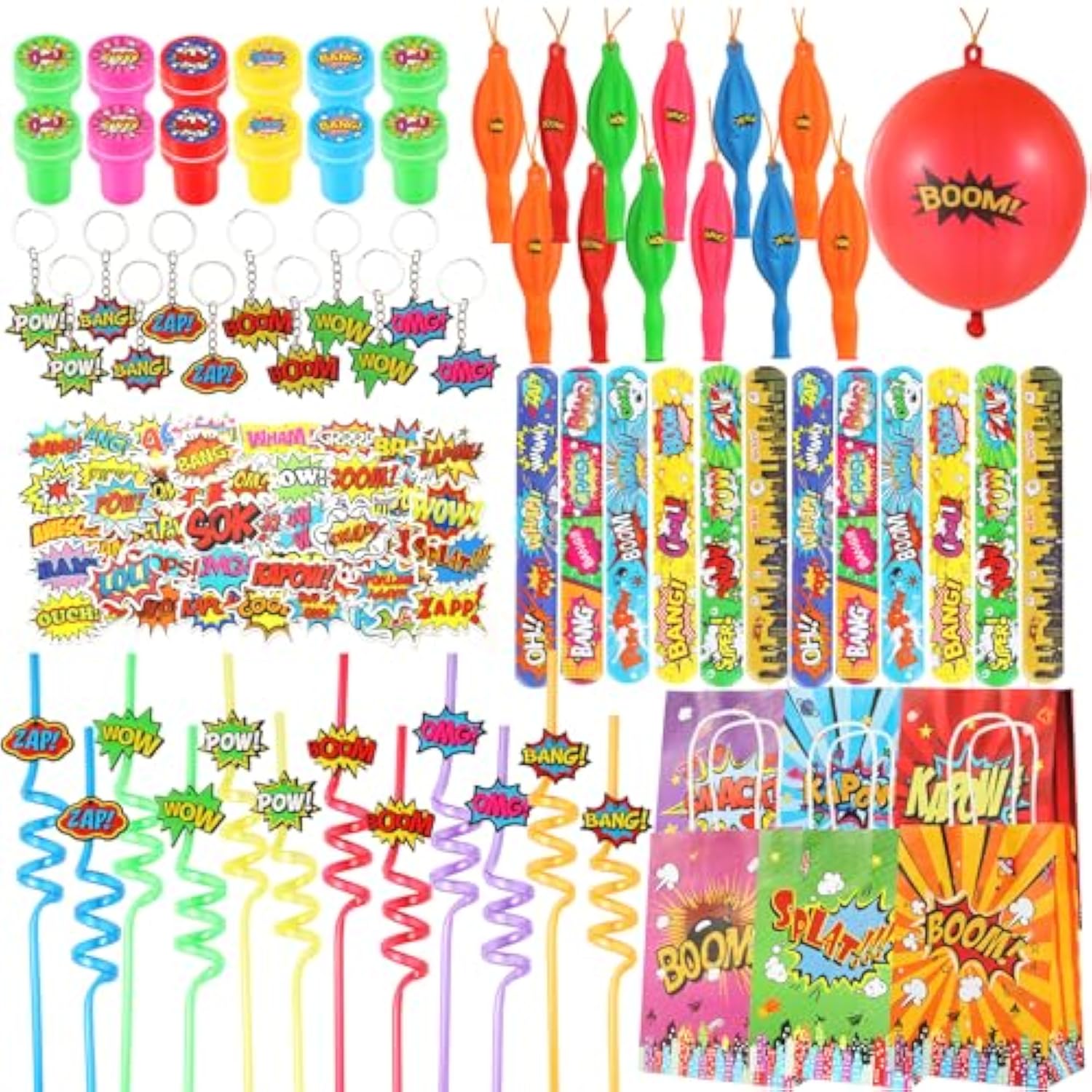 122 Pcs Party Favors With Punch Balloons, Reusable Straws, Slap Bracelets, Keychains, Stamps, Stickers And Gift Bags For Kids Birthday Party (Style 1)