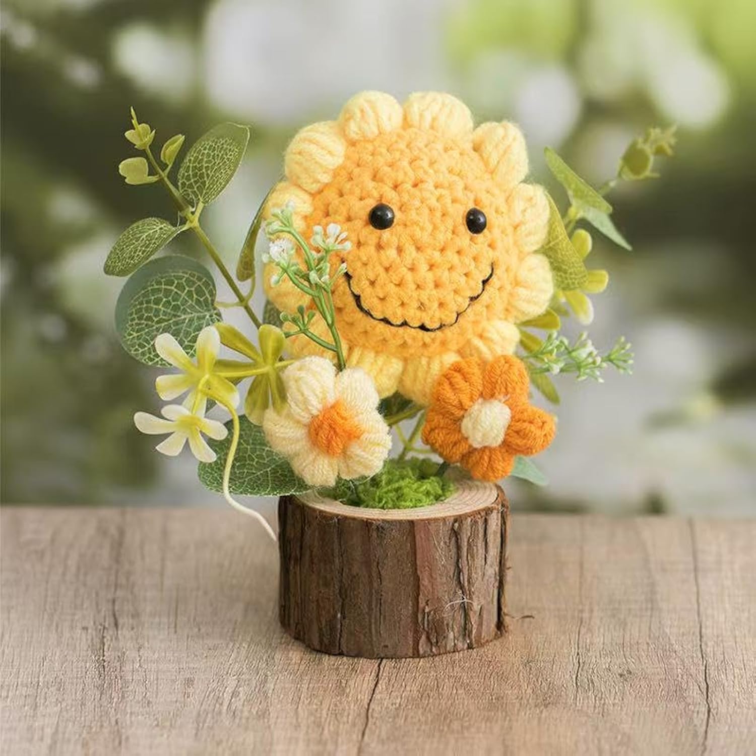 Handmade Crochet Smiling Sunflower Bouquet In Pot-Charming Knitted Creative Mini Flower Bouquet,Forever Blooming Home Desktop Decor Or Gift For Friends,Lovers,Classmates