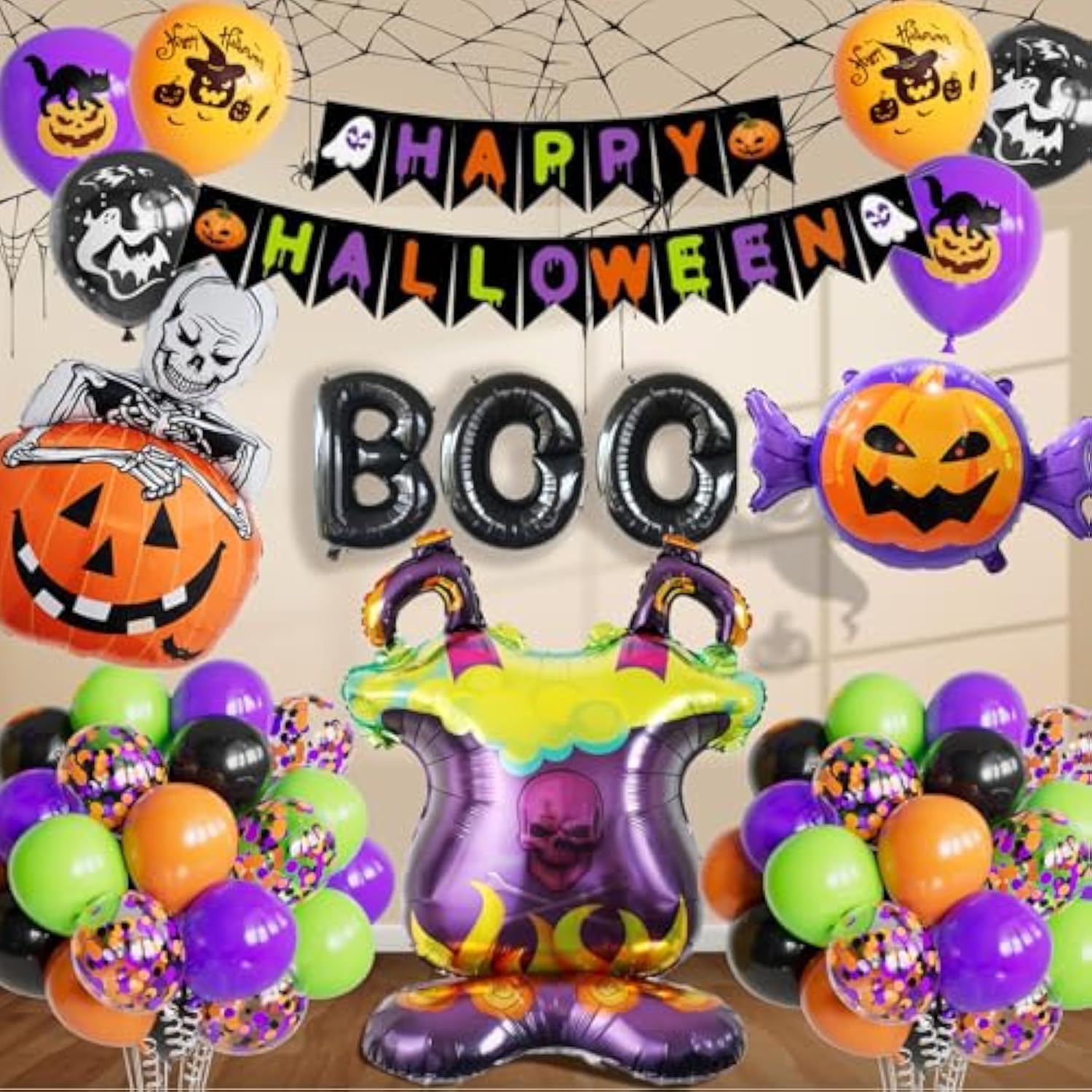 54Pc Halloween Foil Balloons & Banner – Black Orange Purple Green Party Decor