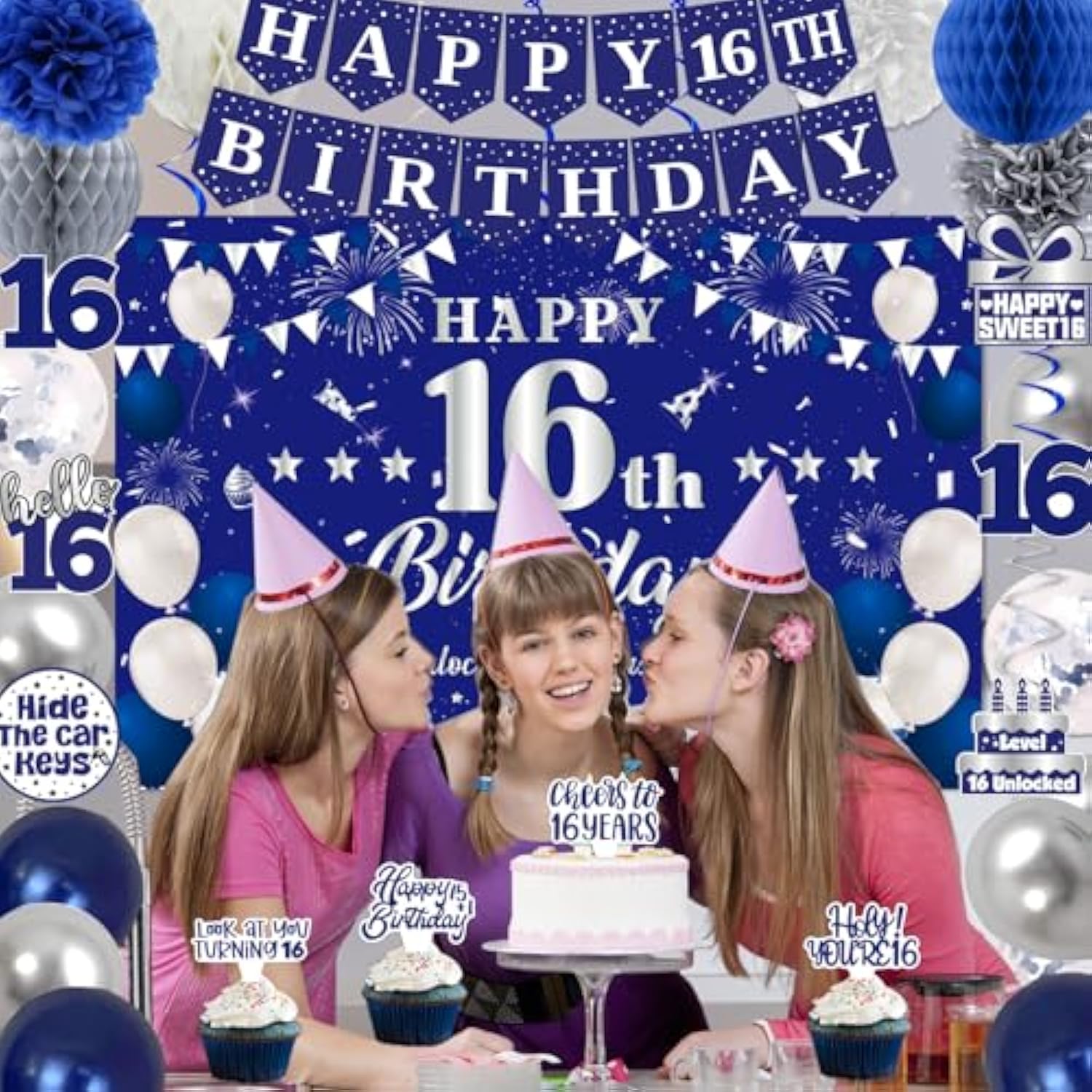 16Th Birthday Decorations For Boys Girls, Blue Silver Sweet 16Th Birthday Party Decorations, Happy 16Th Birthday Backdrop, Banner, Balloons, Pompoms, Hanging Swirls, Birthday Card, Cake Topper 54Pcs