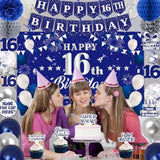 16Th Birthday Decorations For Boys Girls, Blue Silver Sweet 16Th Birthday Party Decorations, Happy 16Th Birthday Backdrop, Banner, Balloons, Pompoms, Hanging Swirls, Birthday Card, Cake Topper 54Pcs