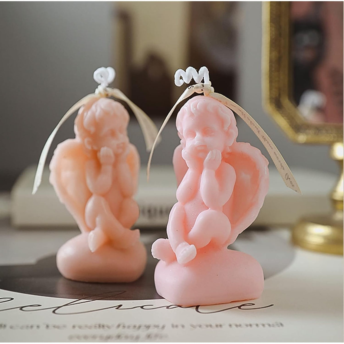 Cute Angel Shaped Scented Candle,50G Aroma Soy Wax Decorative Candle,Handmade Aesthetic Candlefor Table Photo Prop Birthday Gift,Prefect For Meditation Stress Relief Mood Boosting Bath Yoga (Pink)