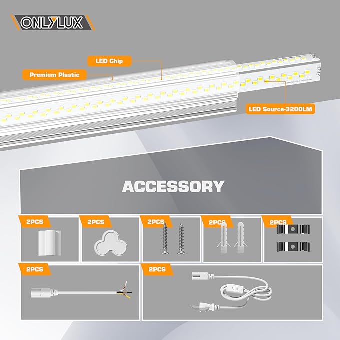 2 Pack LED Tube Lights 25W 6000K Linkable Plug In Shop Lights for Garage Workbench