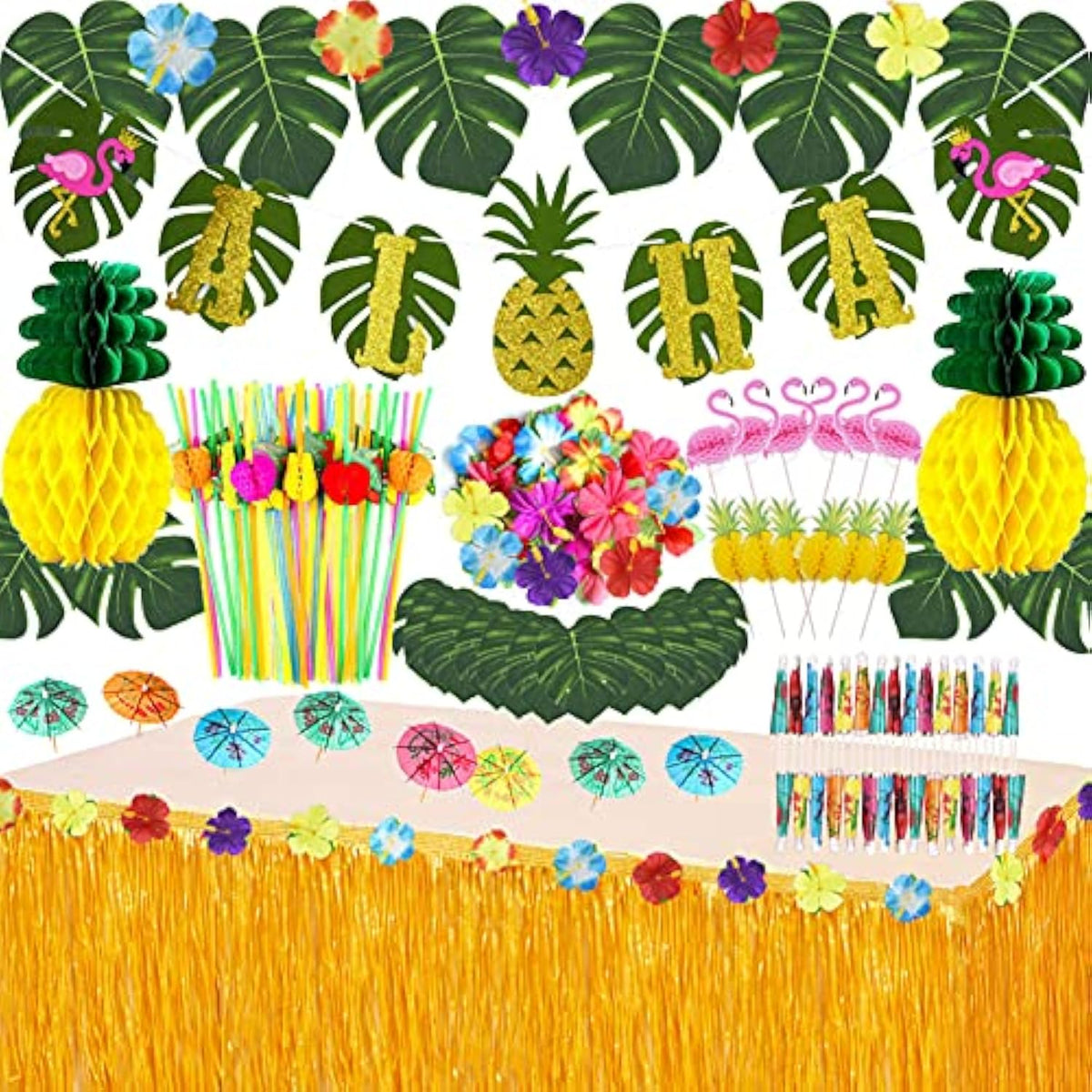Tropical Luau Party Decoration Pack Hawaiian Beach Theme Party Favors Luau Party Supplies (112 Pcs) Including Banner, Table Skirt, Straws, Flamingo, Pineapple Décors.