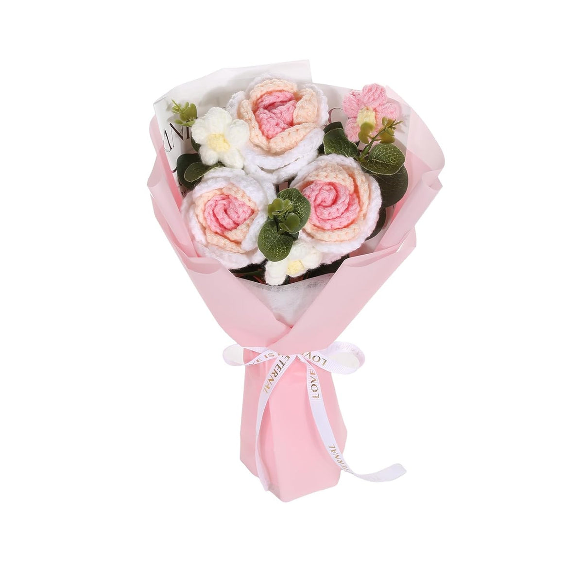 Crochet Flower Bouquet, 3 Flowers Crochet Graduation Flower Bouquet, Knitted Bouquet, Roses, Preserved Flower For Mother'S Day, Valentine'S Day, Birthday (Pink)