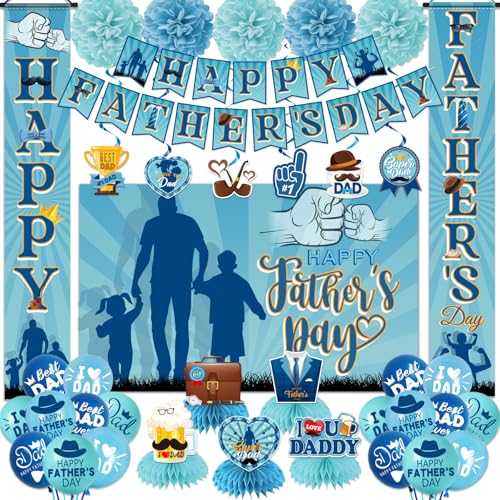 Fathers Day Decorations - Blue Happy Father’s Day Party Supplies with Banner,Backdrop,Porch Sign,Honeycomb Centerpiece,Best Dad Ever Decoracion Para El Dia Del Padre