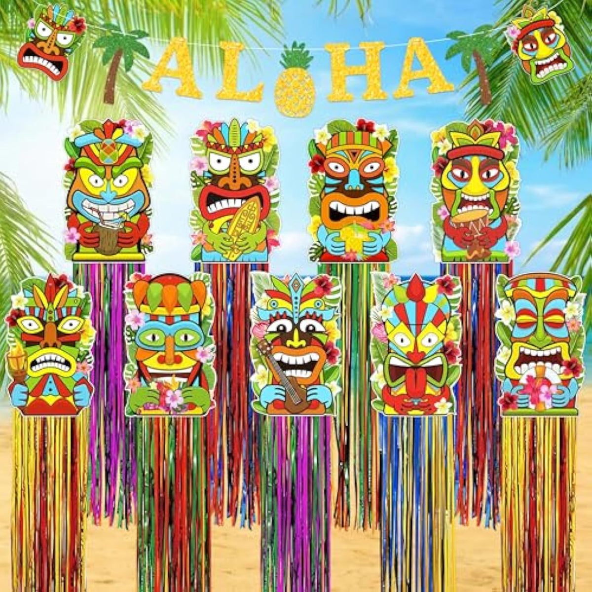 10Pcs Hawaiian Luau Party Decoration - Tropical Tiki Hanging Decor With Aloha Banner For Hawaii Summer Outdoor Door Sign Birthday Supplies - Style 2