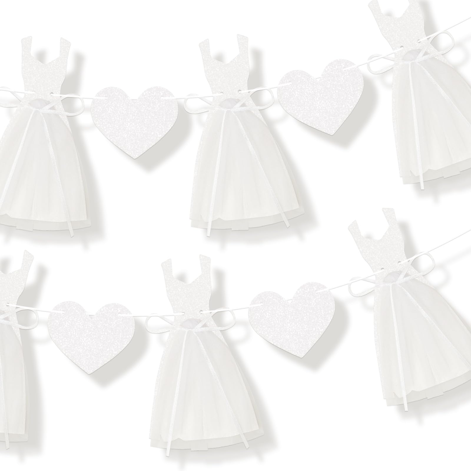 Pre-Strung White Wedding Dress Banner Sign 9.8FT, Glitter Paper