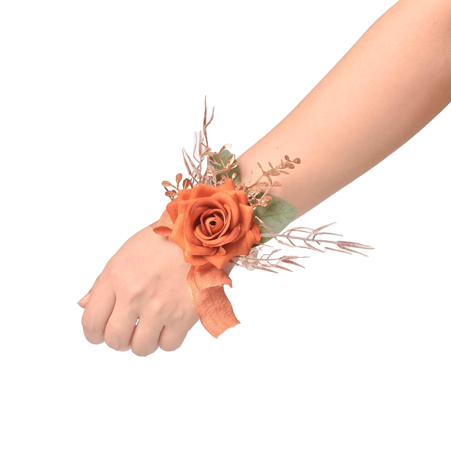 Burnt Orange Rose Wrist Corsage Wristlet Band Bracelet And Men Boutonniere Set For Wedding, Artificial Flower Wrist Corsage Bracelets For Fall Wedding Homecoming Prom Suit Decorations