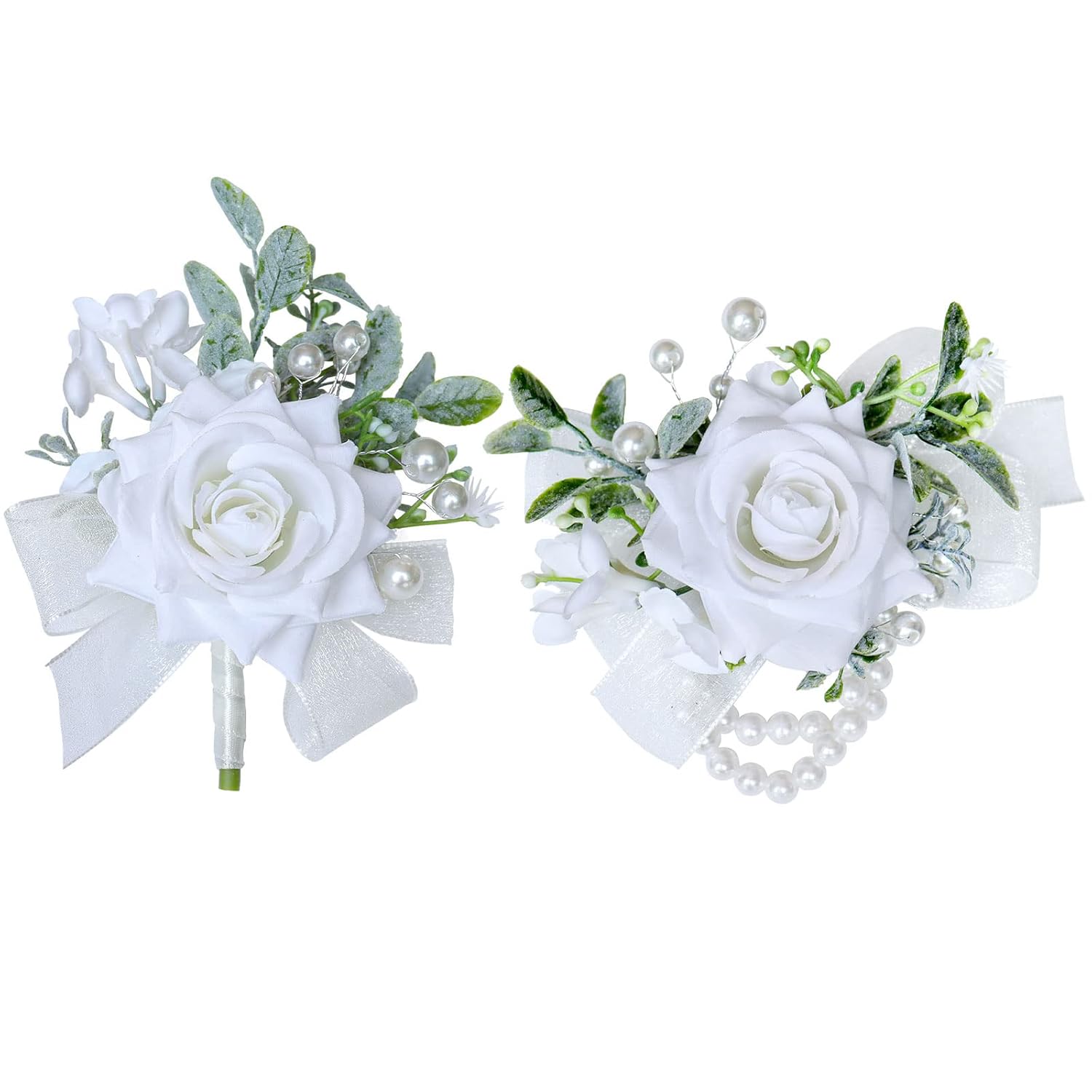 White Corsage And Boutonniere Set For Wedding, Prom, Party - Rose Wrist Artificial Flowers For Mother Of Bride And Groom (1 Set)