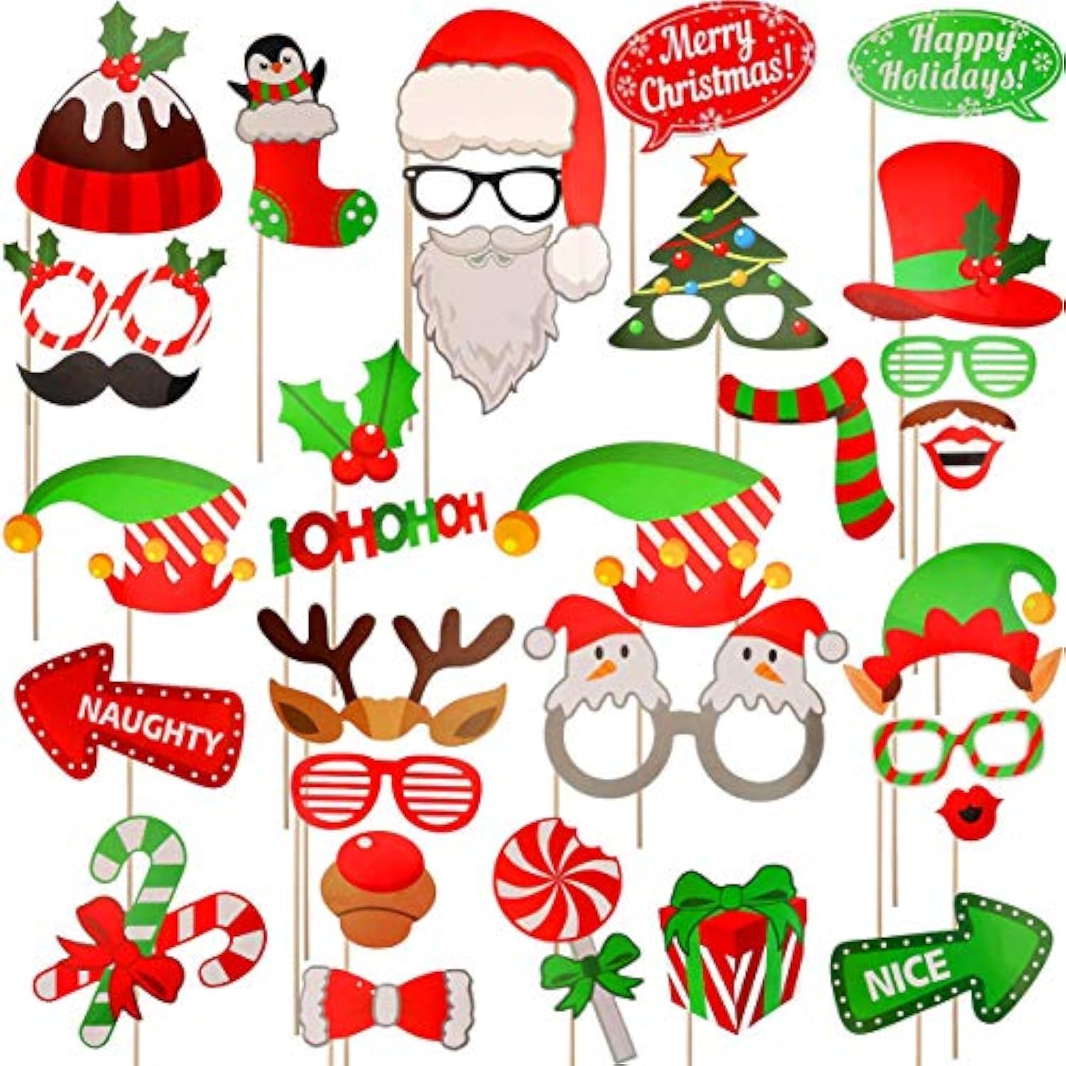 Christmas Photo Booth Props 32Pcs?Upgraded Version?, Merry Christmas Party Pose Sign, Red And Green Christmas Party Supplies Decorations For Kids Adults