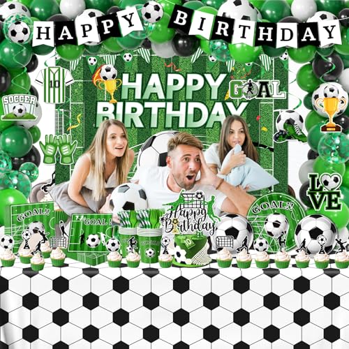 Soccer Birthday Party Decorations,276pcs Soccer Party Decorations Soccer Birthday Plates Napkins Cups Tablecloth Backdrop Cake Topper Balloon Arch for Soccer Party Supplies,Serve 24
