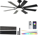 52 Inch Ceiling Fan with Light and Remote Black Dimmable Indoor Outdoor Fan