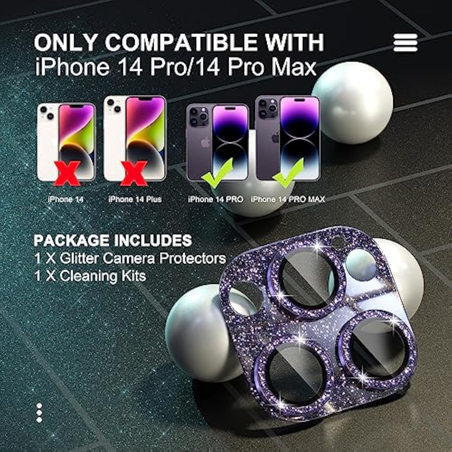 iPhone 14 Pro/Pro Max Camera Lens Protector Bling 9H Tempered Glass Purple