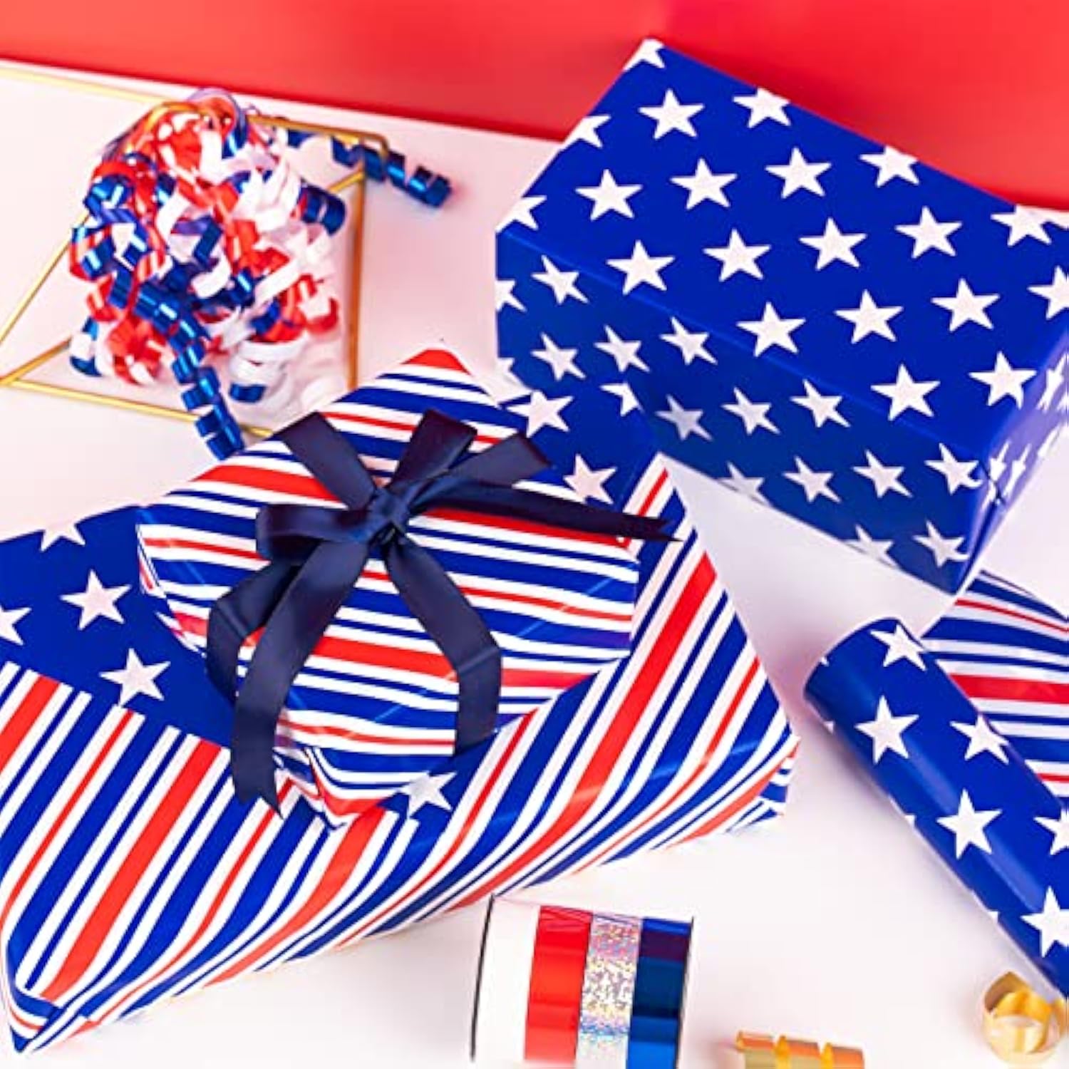 Reversible 4Th Of July Wrapping Paper - Mini Roll - 17 Inch X 33 Feet - Blue Red White Stripe And Star Design, Perfect For Memorial Day, Holiday, Party
