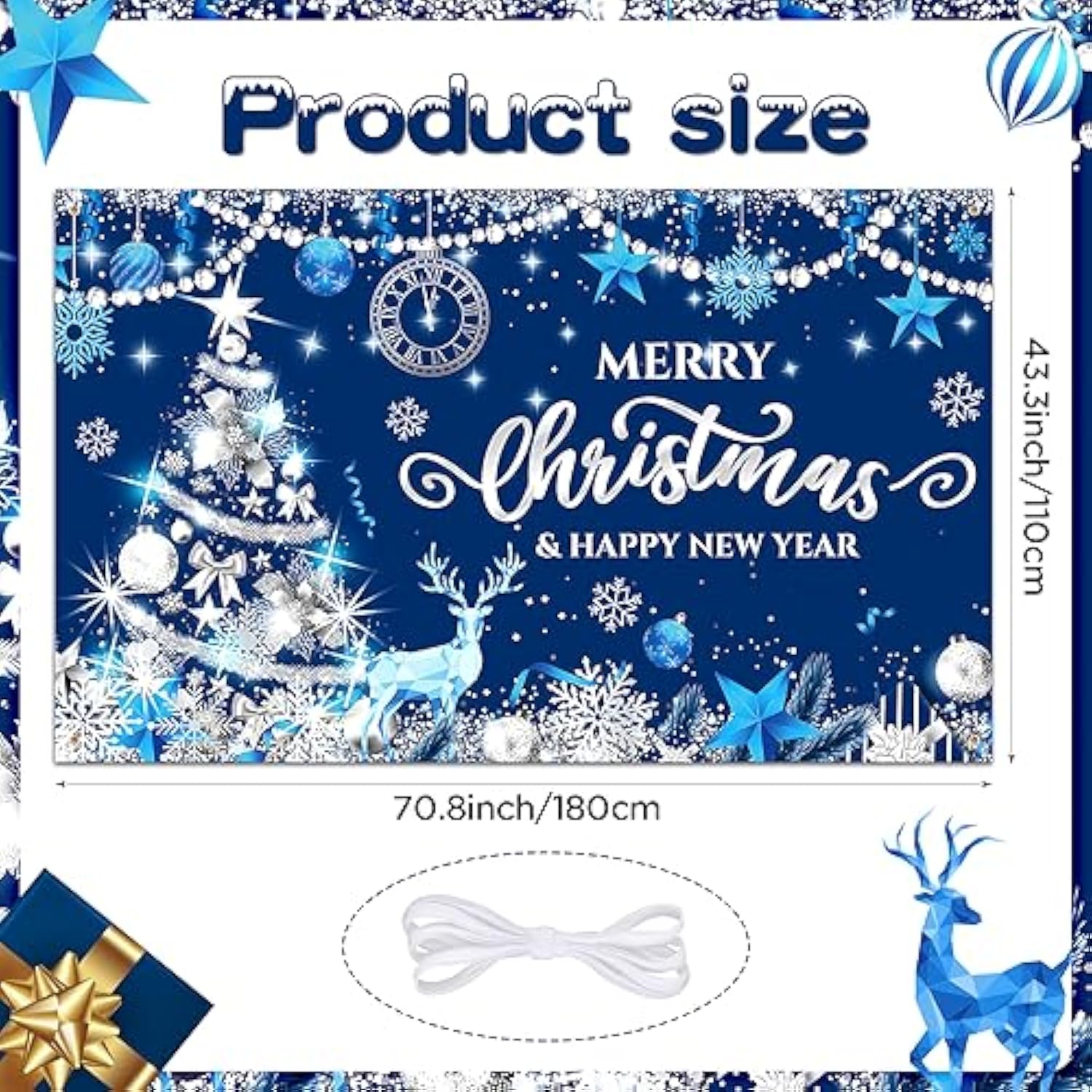 Blue Merry Christmas & New Year Decoration - Xmas Photo & Party Backdrop - Snowflake Banner - Tree & Holiday Party Supply
