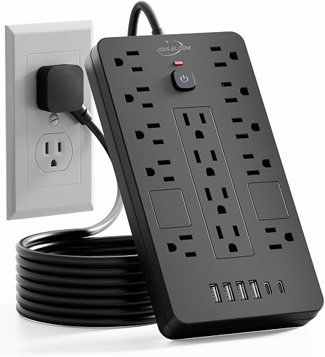 Surge Protector Power Strip 14 Outlets 6 USB Ports 6FT Flat Plug Extension Cord 1850J Black