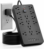 Surge Protector Power Strip 14 Outlets 6 USB Ports 6FT Flat Plug Extension Cord 1850J Black