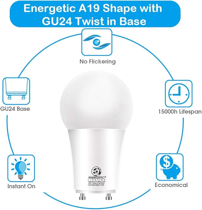 GU24 LED Light Bulbs 4 Pack A19 60W Equivalent 2700K Soft White 800 Lumens UL Listed