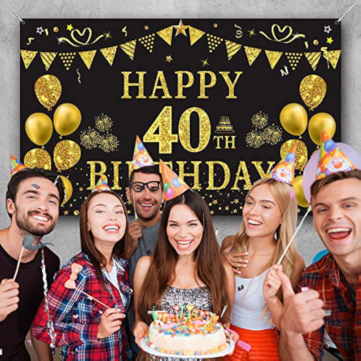 40Th Birthday Backdrop Gold And Black 5.9 X 3.6 Fts Happy Birthday Par