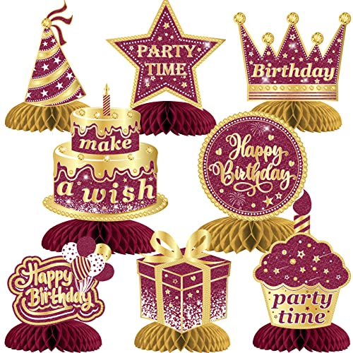 8 Pieces Happy Birthday Decorations, for Women, Burgundy Gold