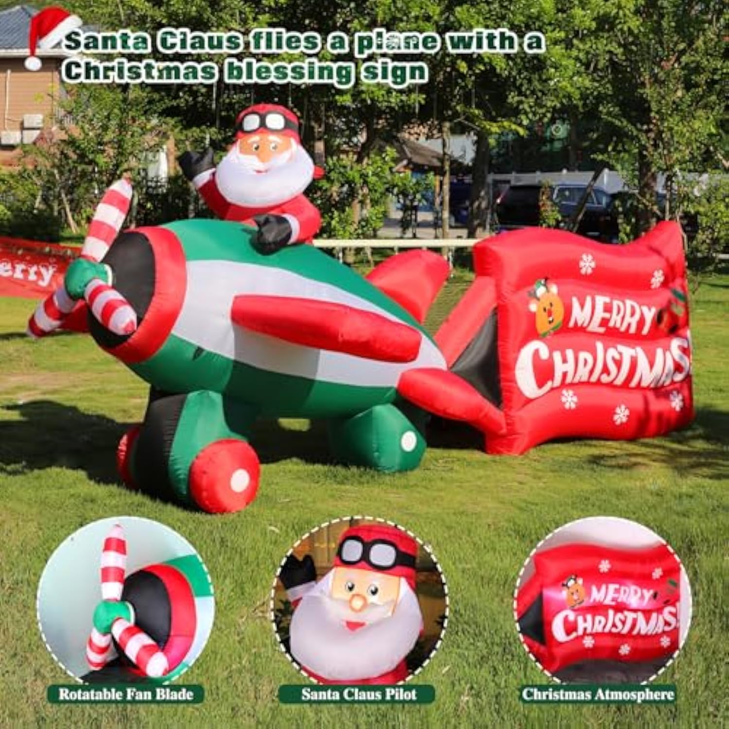10.5Ft Christmas Inflatables Santa Claus On Animated Helicopter, Giant Blow Up Santa Claus Flying Airplane, Lighted Infl