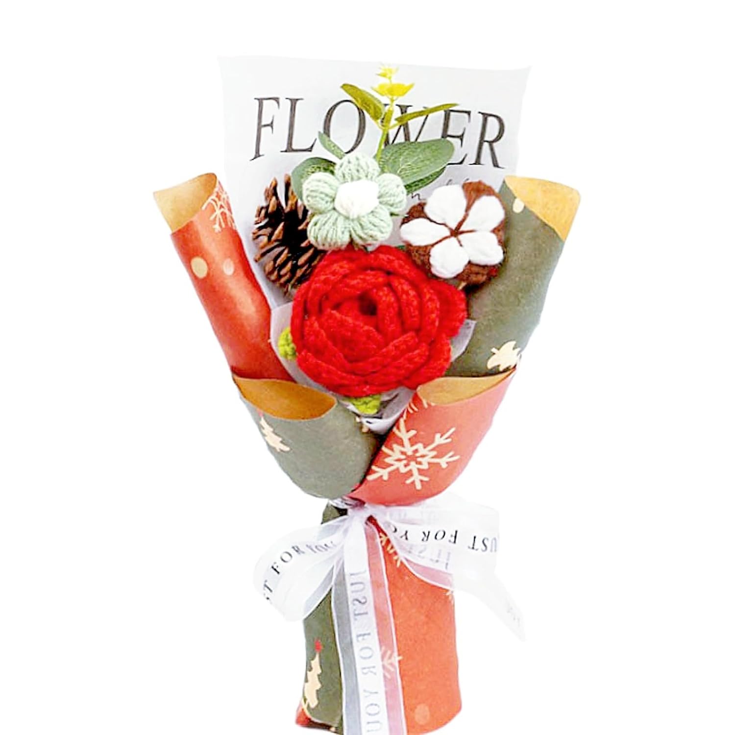 Flowers Bouquet,Red Rose Christmas Flowers Gift,Exquisite Wrap Handmade Cotton Pinecone Flowers,Forever Knitted Artificial Flower Bouquet Gifts For Women Mom Wife Graduation New Year (Mid)