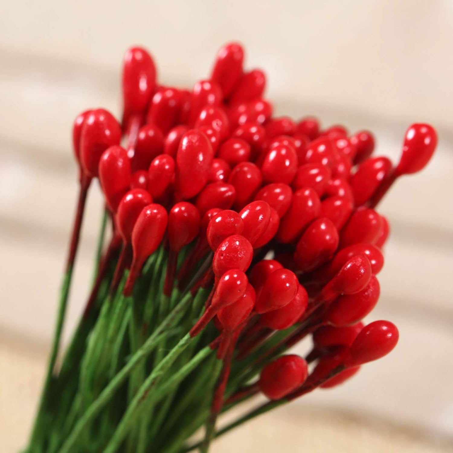 100Pcs Artificial Round Flower Stamens Red Double Sided Holly Berries On Wire Wrapped Craft Diy