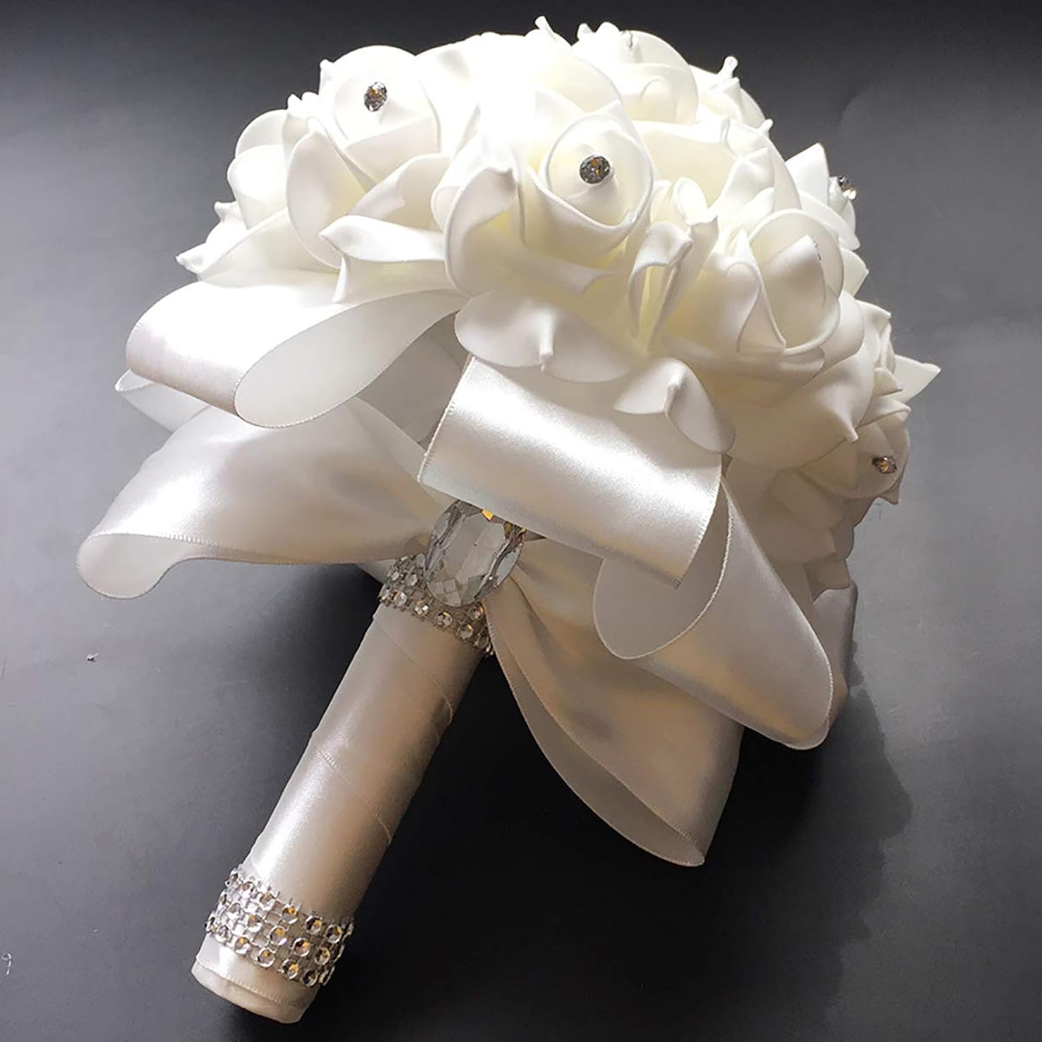 2 Pack Wedding Bouquet Bridal Bridesmaid Holding Flowers Foam Roses Artificial Fake Flower Hand Bouquets With Crystals Soft Ribbons