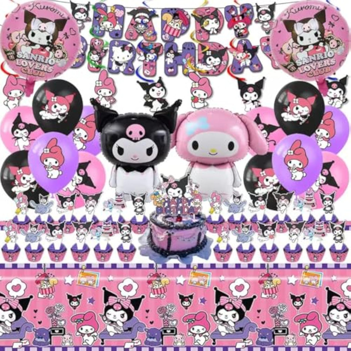 52Pcs-Kuromi Birthday Party Supplies, Party Decorations Set Include Banner, Balloons, Hanging Swirls, Cake Cupcake Toppers, Tablecloth For Girls Kuromi Theme Party