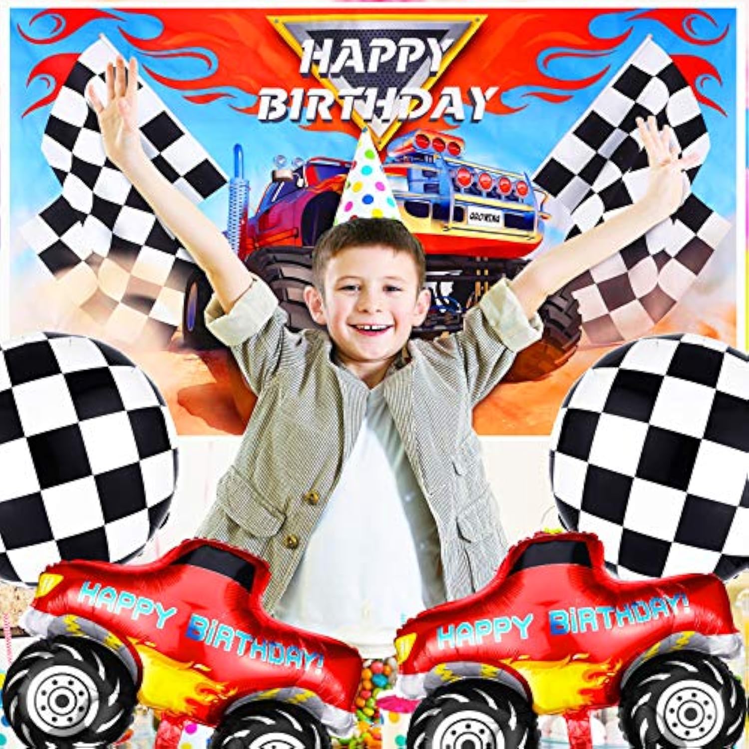 75 Pcs Truck Party Supplies Truck Birthday Decorations Include Truck Backdrop Truck Balloons Mosaic Race Foil Balloon Multicolor Balloons