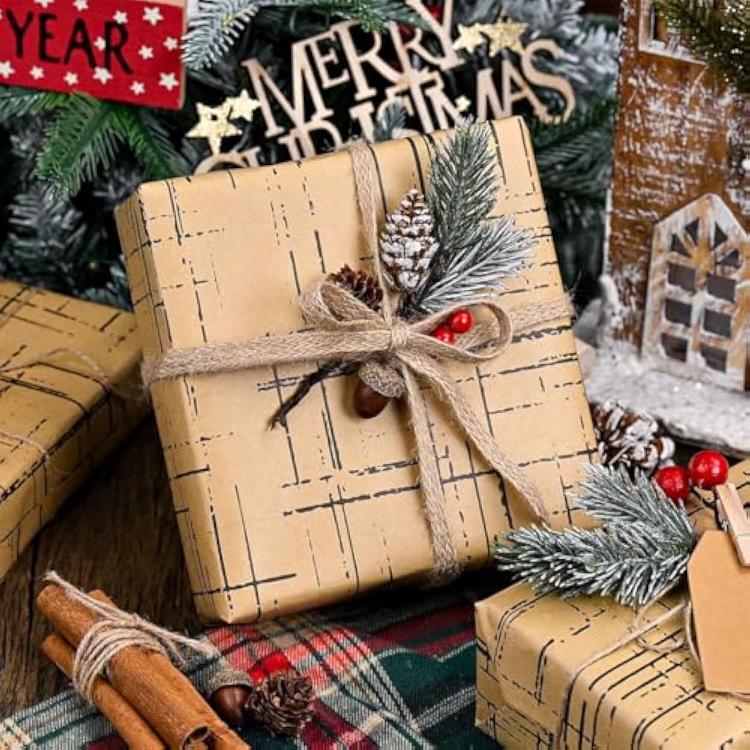 Kraft Wrapping Paper Roll, Brown Gift Wrap With Dynamic Plaid Pattern - 17 In X 32.8 Ft Black Stripe Wrapping Paper For Christmas, Wedding, Father'S Day, Mother'S Day, Valentines Day - 1 Roll (46.5 Sqft.)