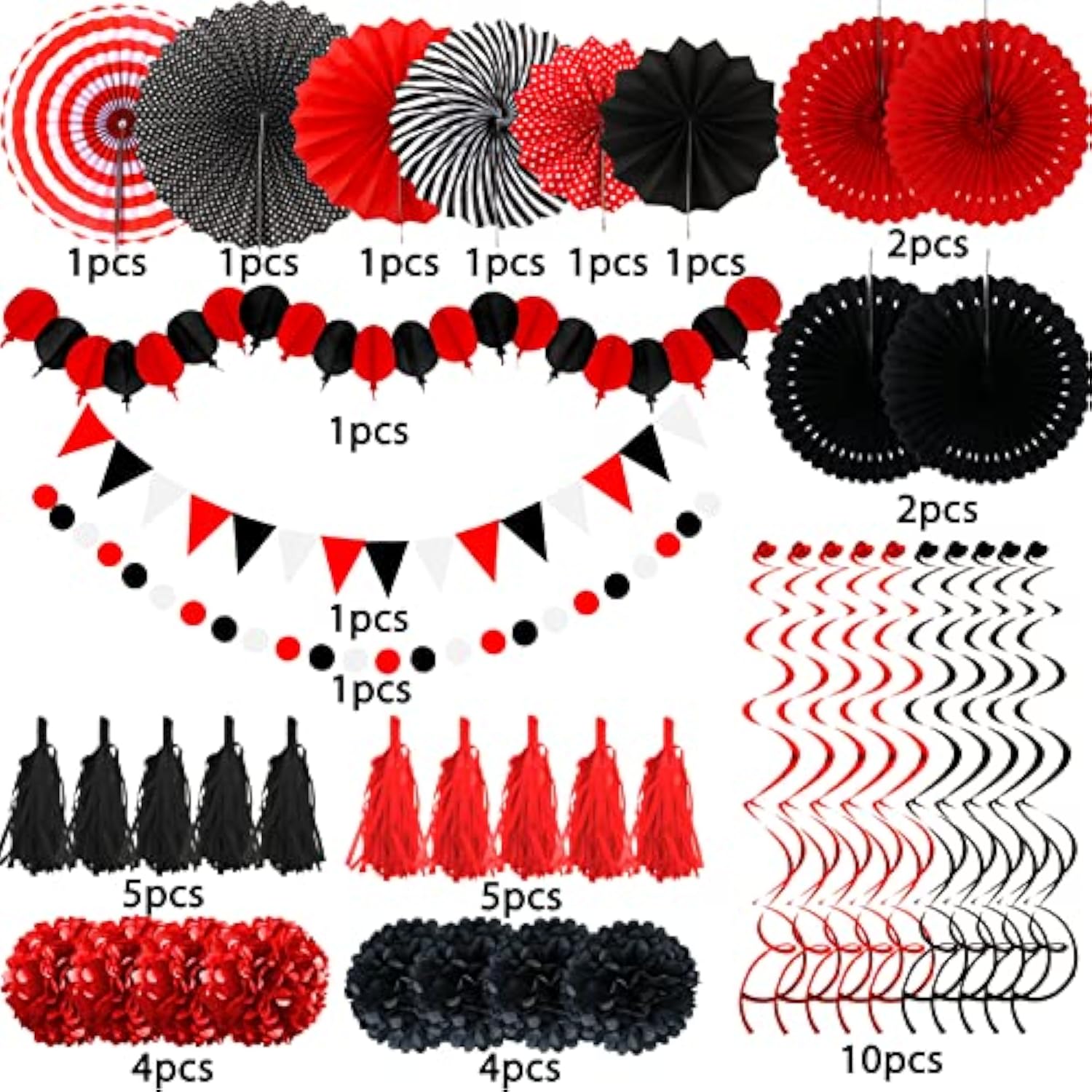 Party Decorations, 41 Pcs Black And Red Papar Fans Pompoms Garlands String Tissue Paper Tassel For Graduation Bridal Baby Shower Wedding Boy Girl Birthday Party