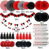Party Decorations, 41 Pcs Black And Red Papar Fans Pompoms Garlands String Tissue Paper Tassel For Graduation Bridal Baby Shower Wedding Boy Girl Birthday Party