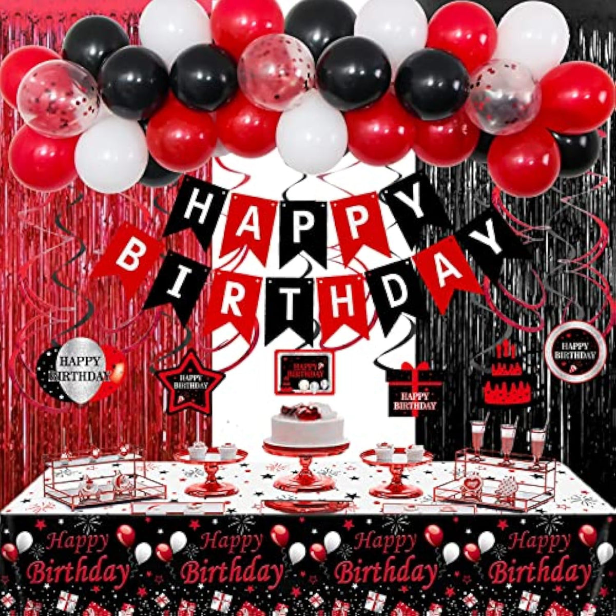 Red And Black Party Decorations For Men Women, Happy Birthday Decorations For Boys Girls, Red Bday Party Supplies Birthday Tablecloth Balloons Foil Fringe Curtains Hanging Swirls Decor