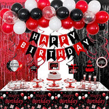 Red And Black Party Decorations For Men Women, Happy Birthday Decorations For Boys Girls, Red Bday Party Supplies Birthday Tablecloth Balloons Foil Fringe Curtains Hanging Swirls Decor