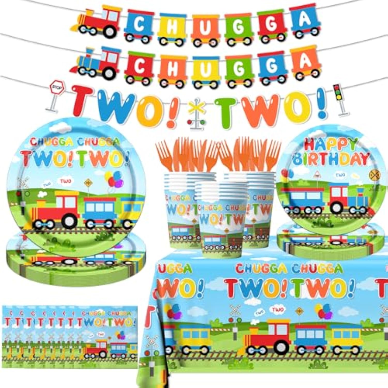 Chugga Chugga Two Two Party Decorations,142Pcs Train 2Nd Birthday Tableware Plates,Napkins,Cups Train Theme Party Favors For Baby Shower,2Nd Birthday Decorations For Boys