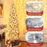 Pre-Lit Pencil Christmas Tree 7.5Ft Artificial Silver Tinsel Xmas Tree With Metal Stand
