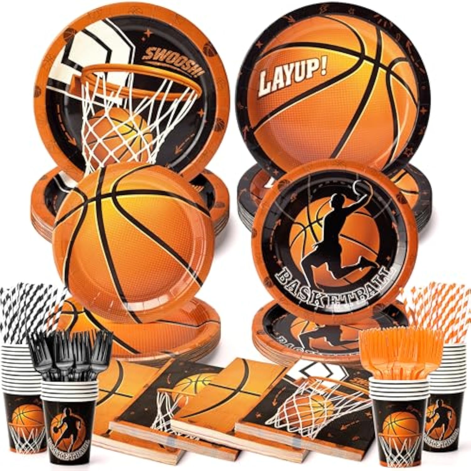 Basketball Plates And Napkins Party Supplies-300 Pcs Serve 50 Guests, Includes Cups, Forks And Straws, Disposable Tableware Set, Basketball Birthday Decorations