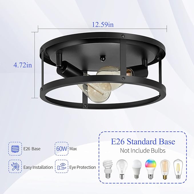 2 Pack Black Flush Mount Ceiling Lights 13 Inch Farmhouse Hallway Bedroom Fixtures