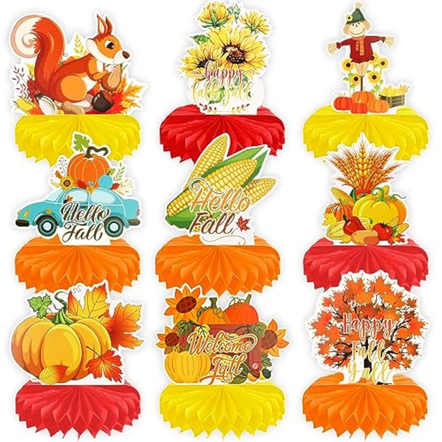 9 Pcs Hello Fall Party Decorations Pumpkin Honeycomb Centerpiece,Happy