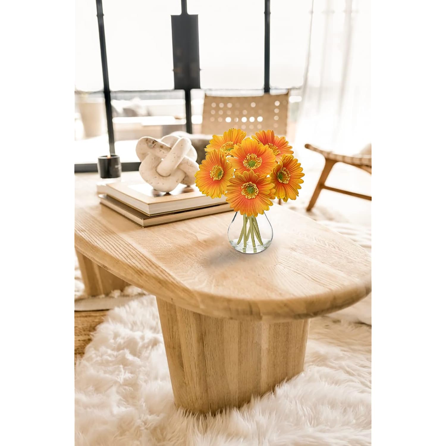 Gerbera Daisy Artificial Flowers, Fake Flowers In Glass Vase With Faux Water,Real Touch Silk Flowers With Stem For Home Bookshelf Tabletop Bathroom Decorations,Orange