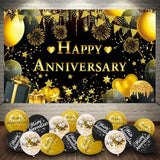 Happy Anniversary Decorations Kit - 5.9X3.6Ft Banner & 18Pcs Balloons, Black & Gold Backdrop For Wedding, Party Supplies - Men & Women