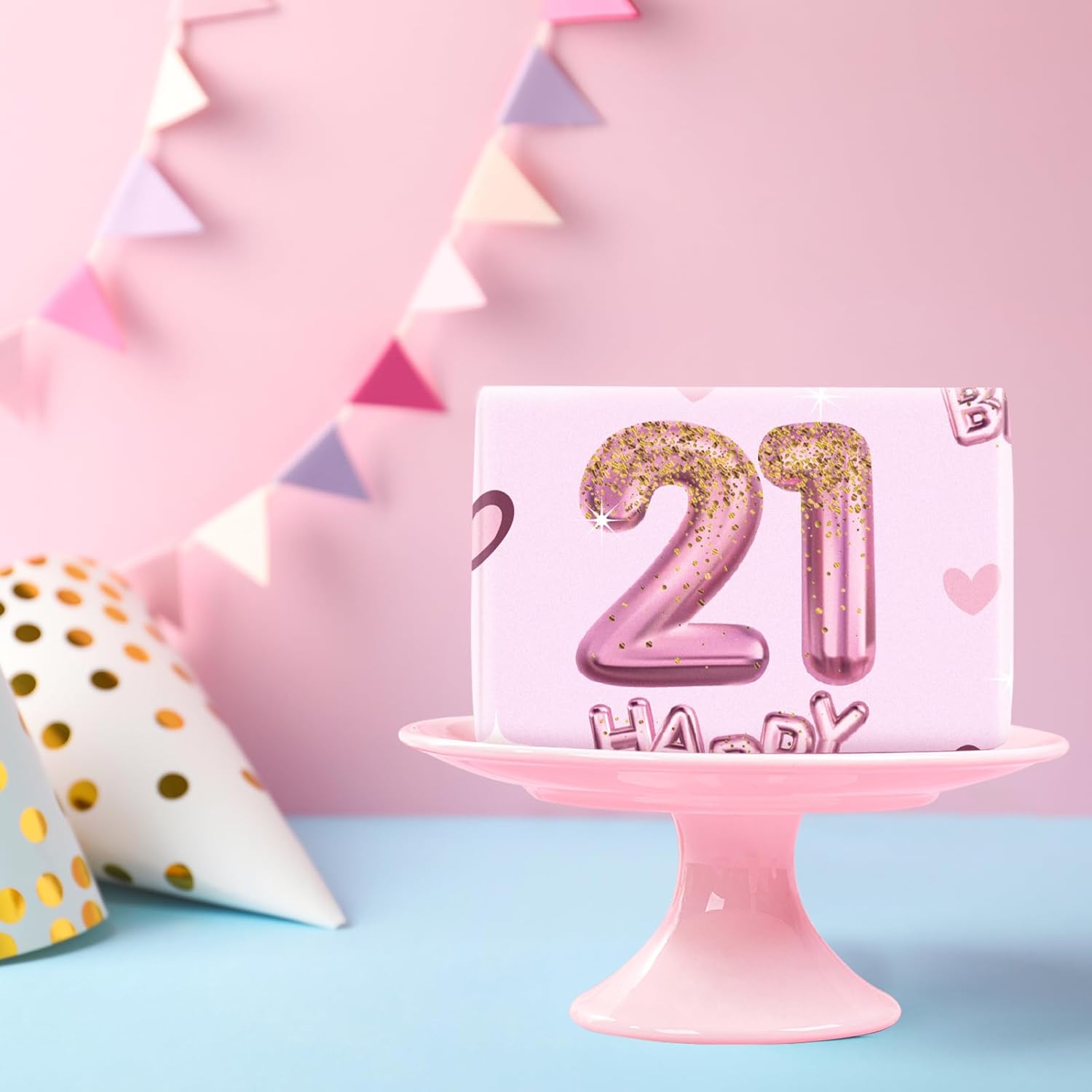 21St Girls Wrapping Paper Birthday, Hearts And Pink Number 21 Balloons Happy Birthday Design, 21 Years Old, Mini Roll, 17 Inches X 16.4 Feet, Perfect For Girls' Birthday Party Gifts