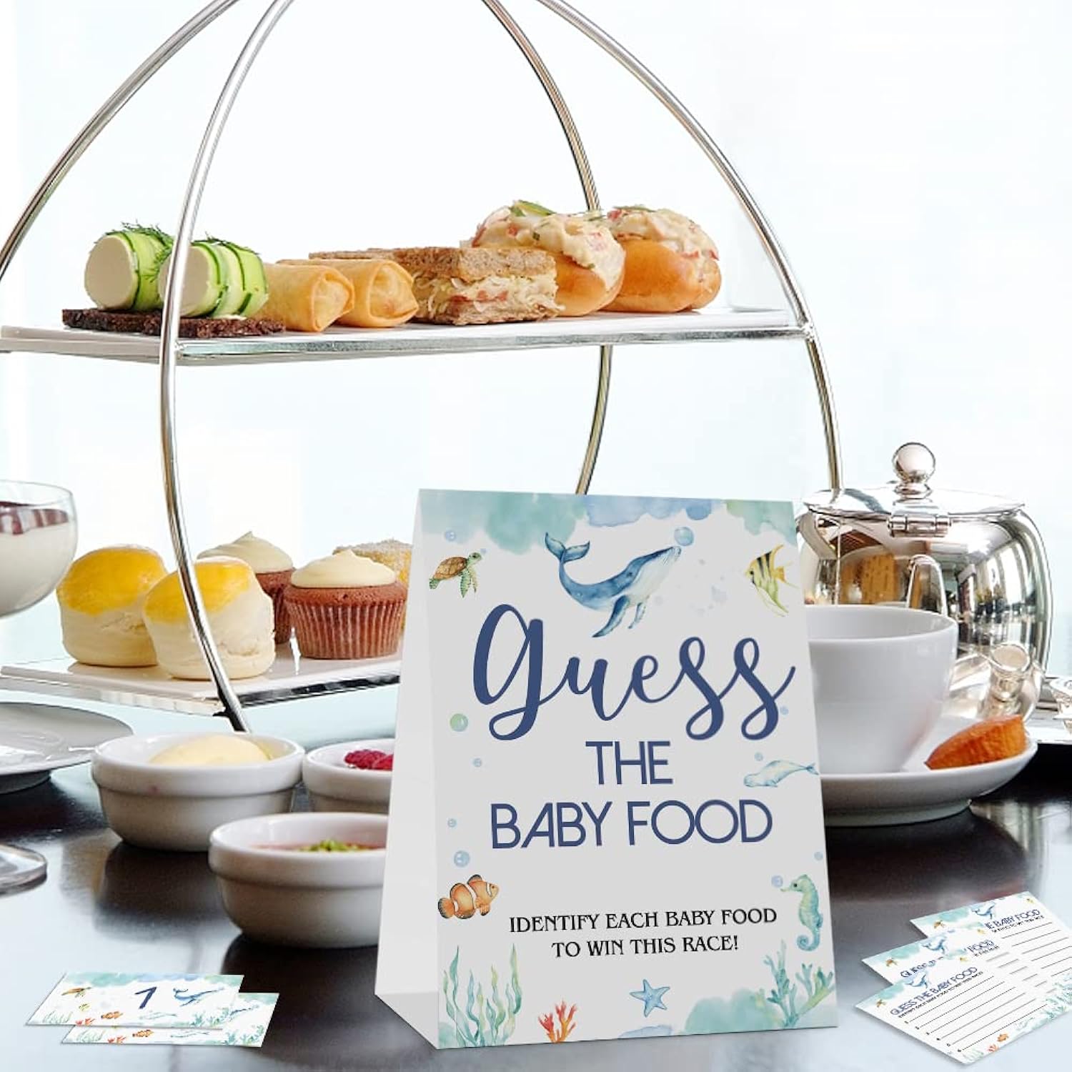 Guess The Baby Food Party Games, Baby Shower Game Set (1 Standing Sign + 25 Answer Cards + 6 Number Cards+10Pens), Ocean Theme Baby Shower Decorate Neutral Greenery Boys And Girls Shower Games
